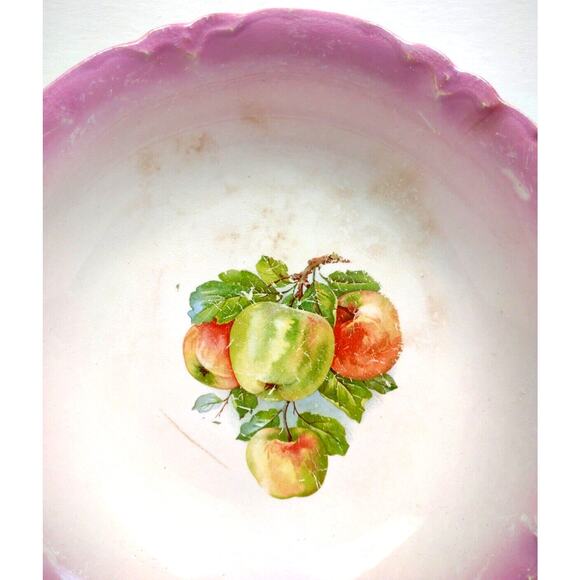 Antique Scalloped Edge Deep German Serving Bowl with Apples Pears 9.5" - Picture 6 of 8